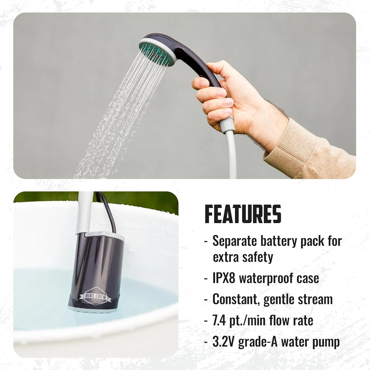 Battery-Operated Camping Shower w/LED Light, Outdoor Handheld Portable Shower for Camping
