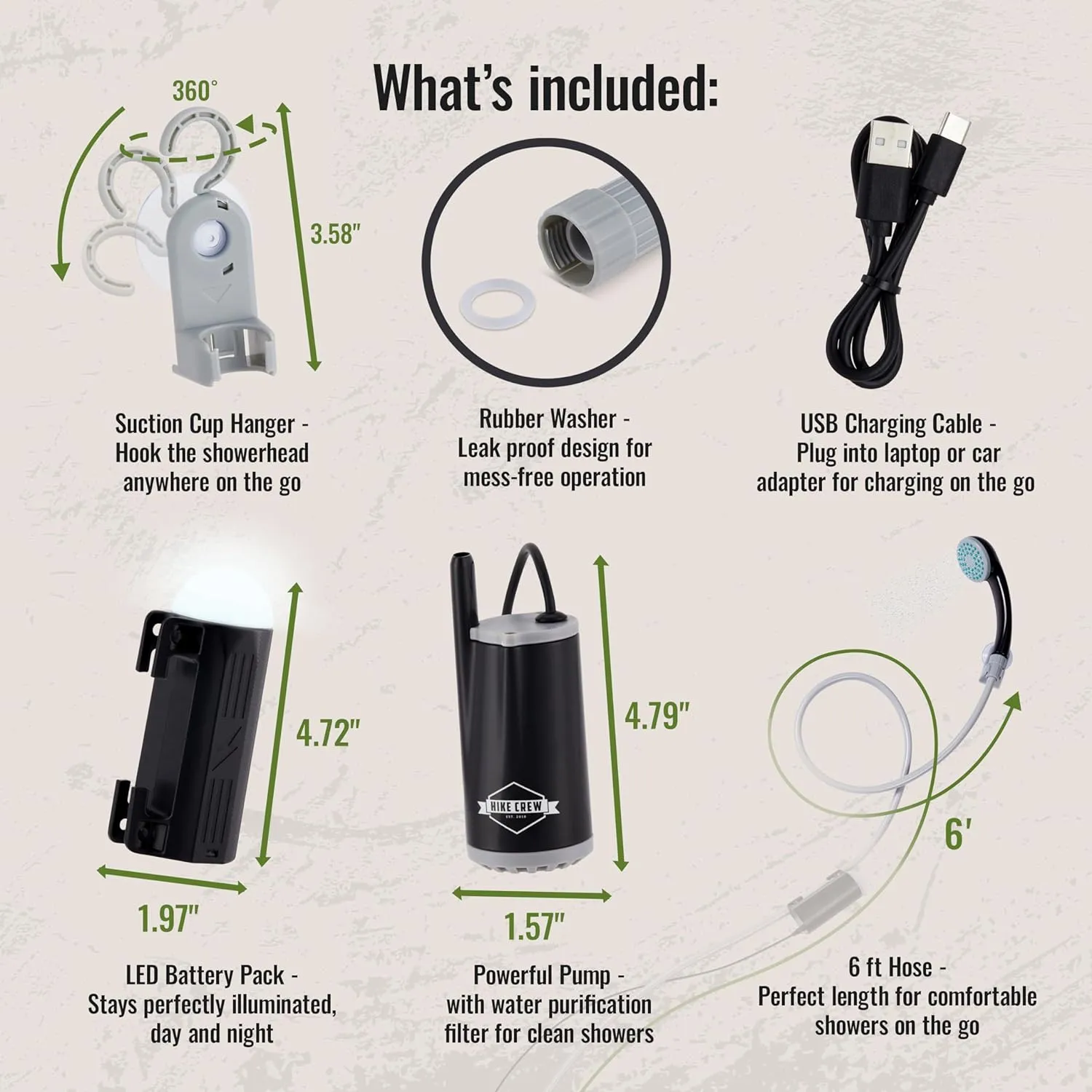 Battery-Operated Camping Shower w/LED Light, Outdoor Handheld Portable Shower for Camping