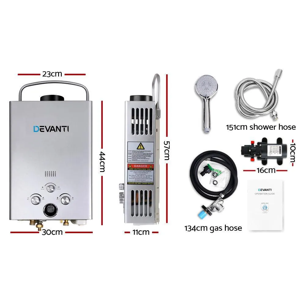 DEVANTi Outdoor Portable Gas Hot Water Heater Shower Camping LPG Caravan Pump Silver