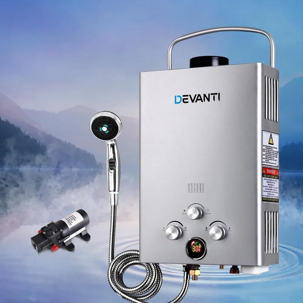 DEVANTi Outdoor Portable Gas Hot Water Heater Shower Camping LPG Caravan Pump Silver