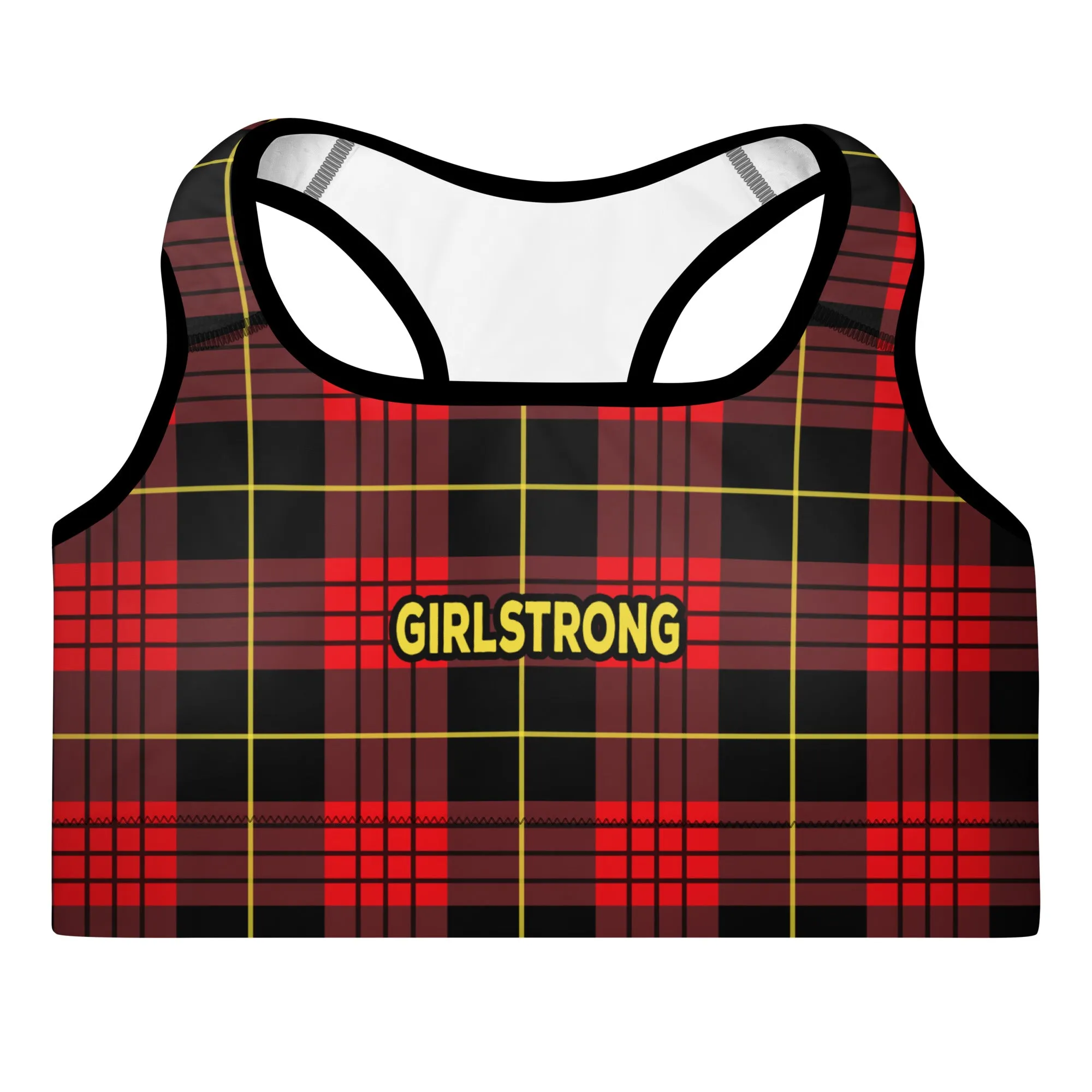 ELEVATED ESSENTIALS, THE PERFECT PADDED SPORTS BRA VINTAGE PLAID RED AND BLACK
