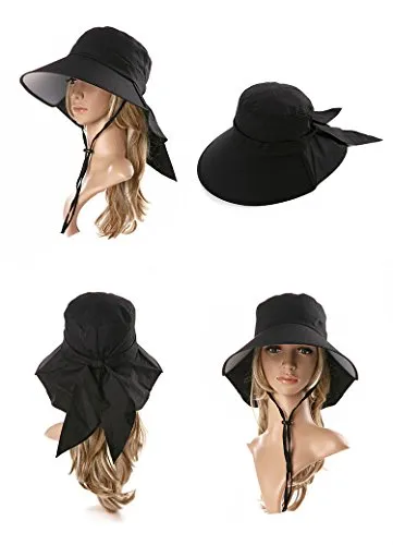 Ls Lady Womens Summer Flap Cover Cap Cotton Anti-UV UPF 50  Sun Shade Hat With Bow. Adjustable Hat With Wind belt (One Size, Black)