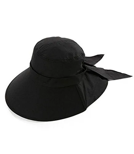 Ls Lady Womens Summer Flap Cover Cap Cotton Anti-UV UPF 50  Sun Shade Hat With Bow. Adjustable Hat With Wind belt (One Size, Black)