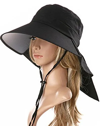 Ls Lady Womens Summer Flap Cover Cap Cotton Anti-UV UPF 50  Sun Shade Hat With Bow. Adjustable Hat With Wind belt (One Size, Black)