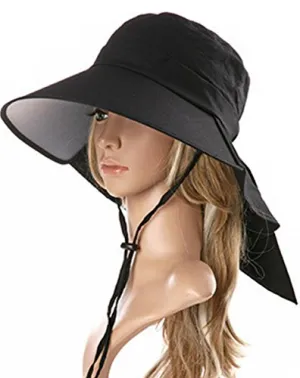 Ls Lady Womens Summer Flap Cover Cap Cotton Anti-UV UPF 50  Sun Shade Hat With Bow. Adjustable Hat With Wind belt (One Size, Black)