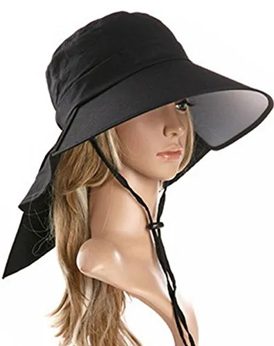 Ls Lady Womens Summer Flap Cover Cap Cotton Anti-UV UPF 50  Sun Shade Hat With Bow. Adjustable Hat With Wind belt (One Size, Black)