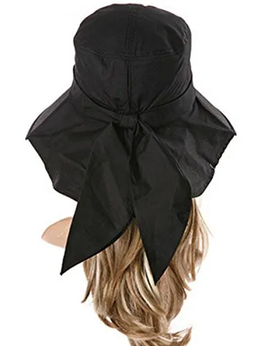 Ls Lady Womens Summer Flap Cover Cap Cotton Anti-UV UPF 50  Sun Shade Hat With Bow. Adjustable Hat With Wind belt (One Size, Black)