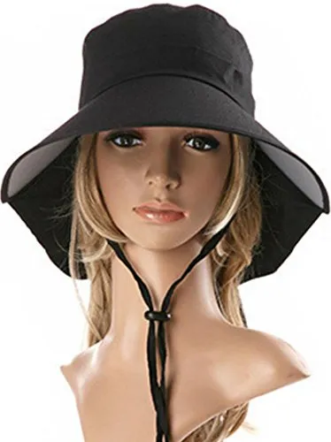 Ls Lady Womens Summer Flap Cover Cap Cotton Anti-UV UPF 50  Sun Shade Hat With Bow. Adjustable Hat With Wind belt (One Size, Black)